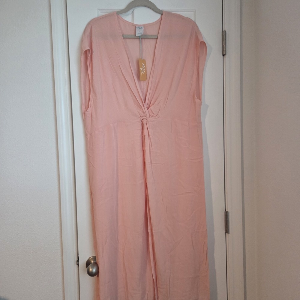 Kona Sol Women Maxi Cover Up Dress Medium Pink V Neck Twist Front Sleeveless